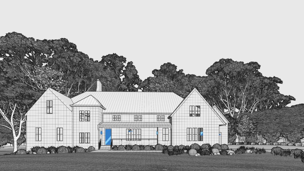 Wireframe rendering of a luxury home surrounded by trees.