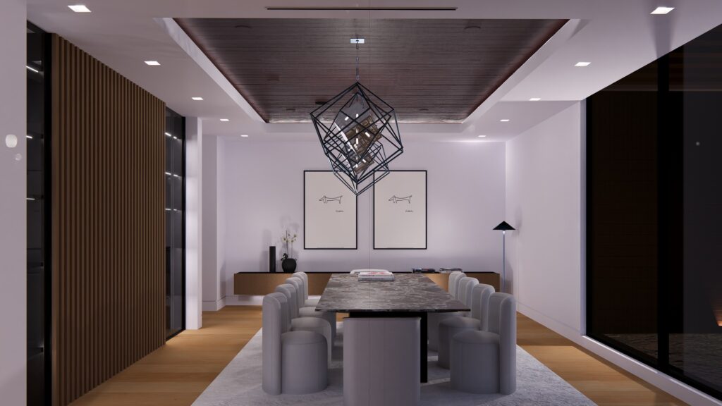 Elegant dining room with a marble table, cushioned chairs, modern pendant light, and minimalist decor.