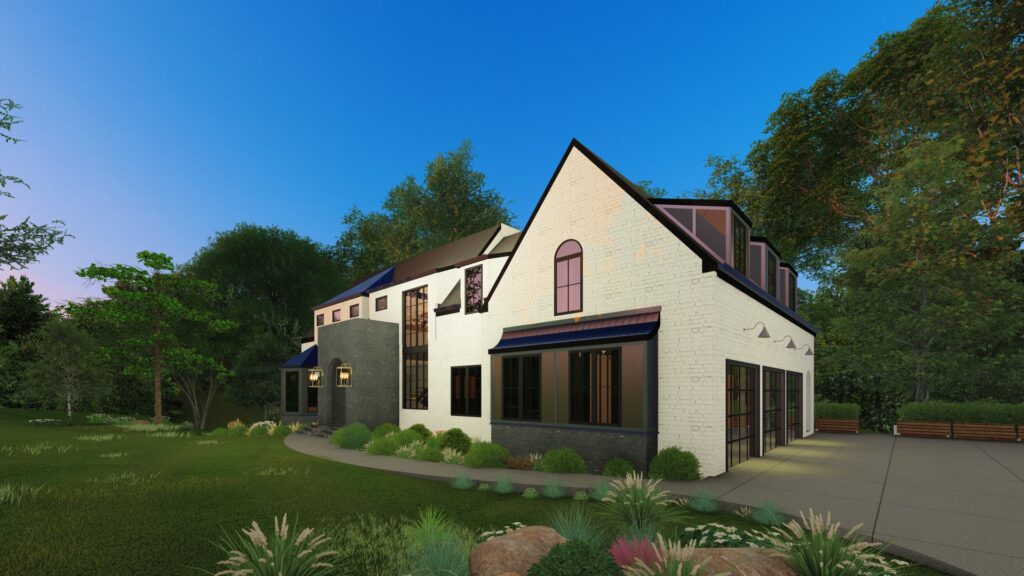 Two-story home with brick and black accents, surrounded by lush greenery.