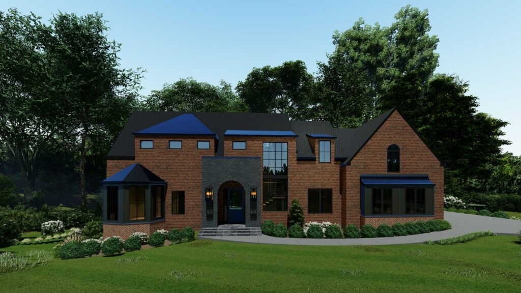 Two-story brick home with blue accents, large windows, and a landscaped yard.