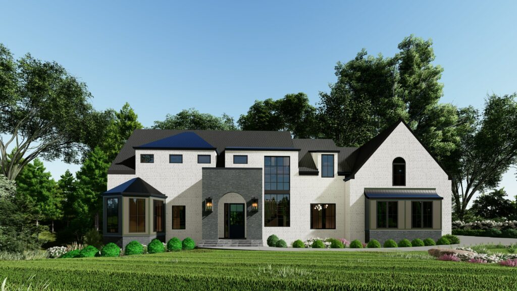 White brick home with black accents, large windows, and a green lawn.