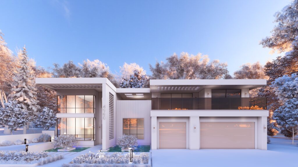 Contemporary home in a snowy setting, featuring a white facade, large glass windows, and a minimalist design.