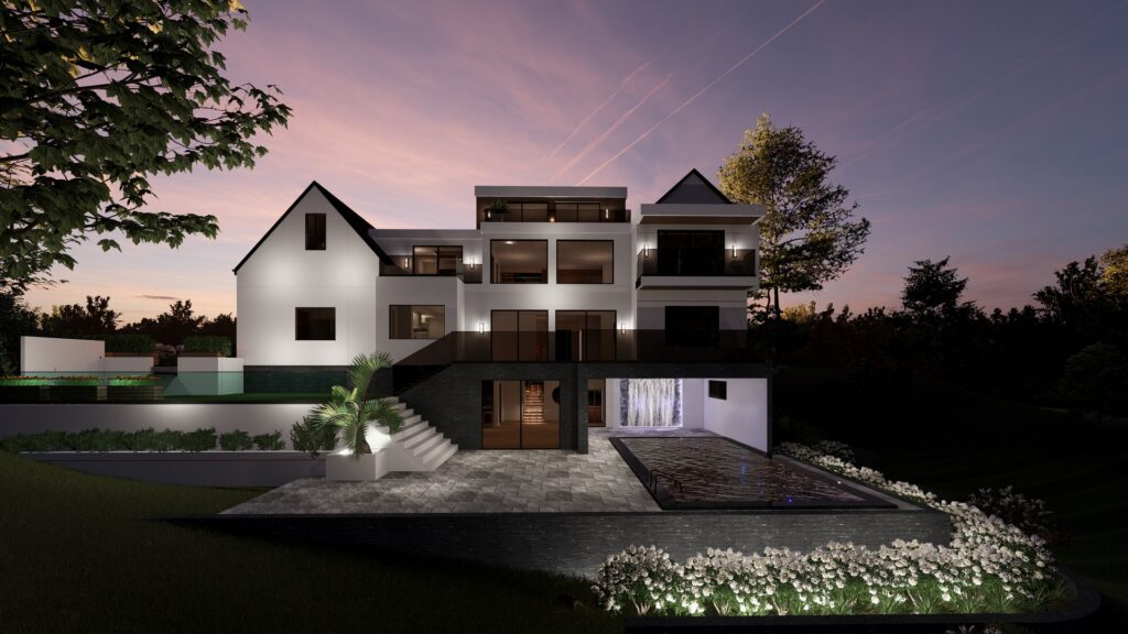 Luxury home at sunset with a pool, outdoor seating, and landscaped yard.